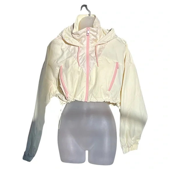 Zara Cropped Yellow Hooded Rain Jacket with Pink Accents size Large - Picture 2 of 12